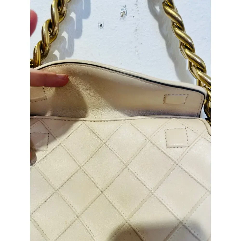 TORY BURCH Neutral White Leather Gold Chain Link Handle Shoulder Strap Bag Purse